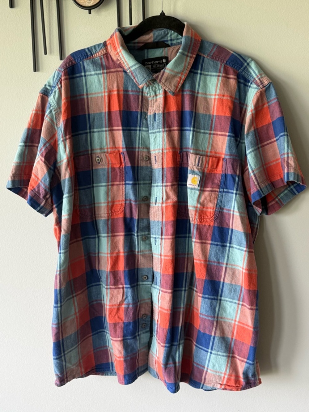 Carhartt Short-Sleeve Plaid Button-Down in Coral, Blue & Light Teal
